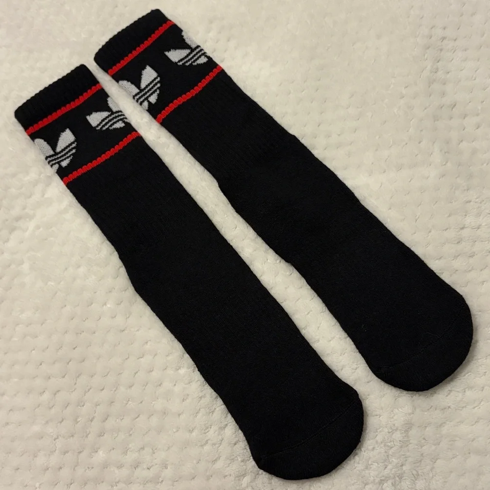NWOT Adidas Black Crew Athletic Socks with Red Stripes and White Trefoil